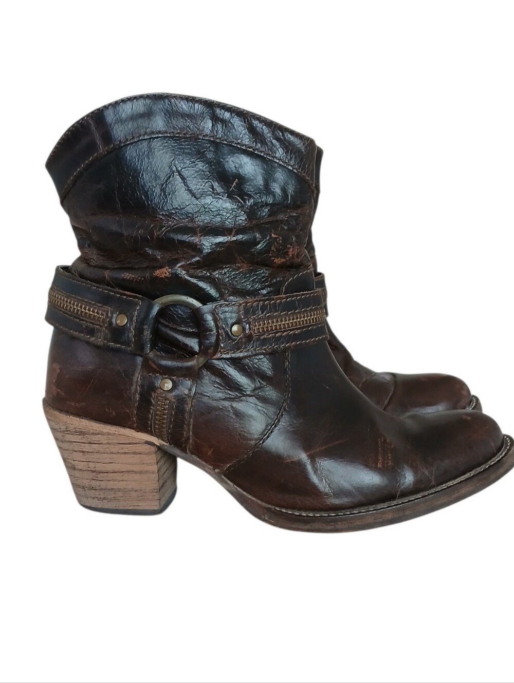 Vintage DINGO Leather Moto Ankle Boots Women's 7.5 Brown Distressed Harness